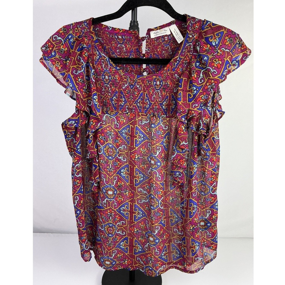 Anthropologie Meadow Rue Smocked Peasant Blouse Red Blue Geometric Boho Top